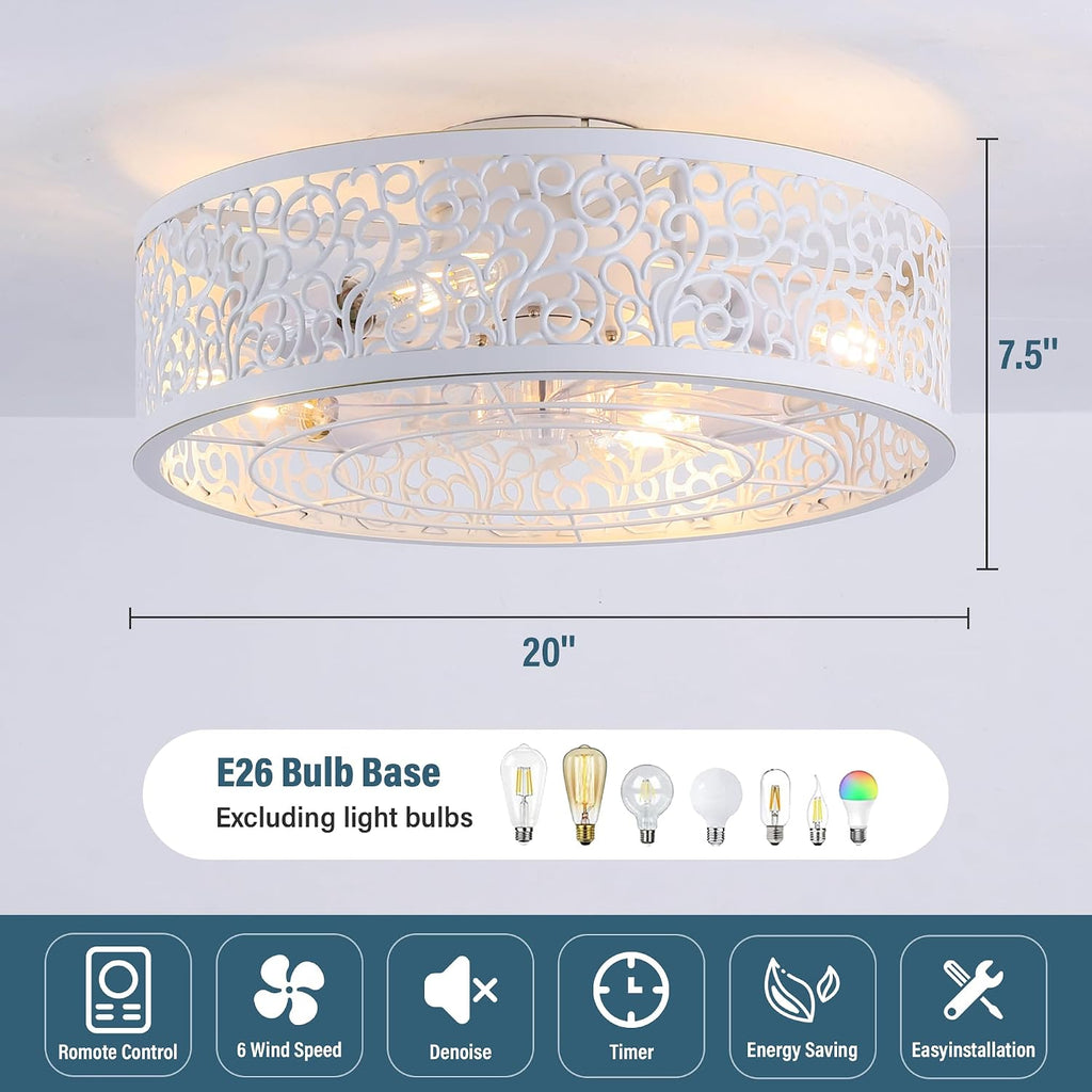 COCOSTAR Small Farmhouse Ceiling Fan with Light and Remote//APP, 20in White Caged Fandelier with Lights for Kitchen, Bedroom（4 Speed, Timing）
