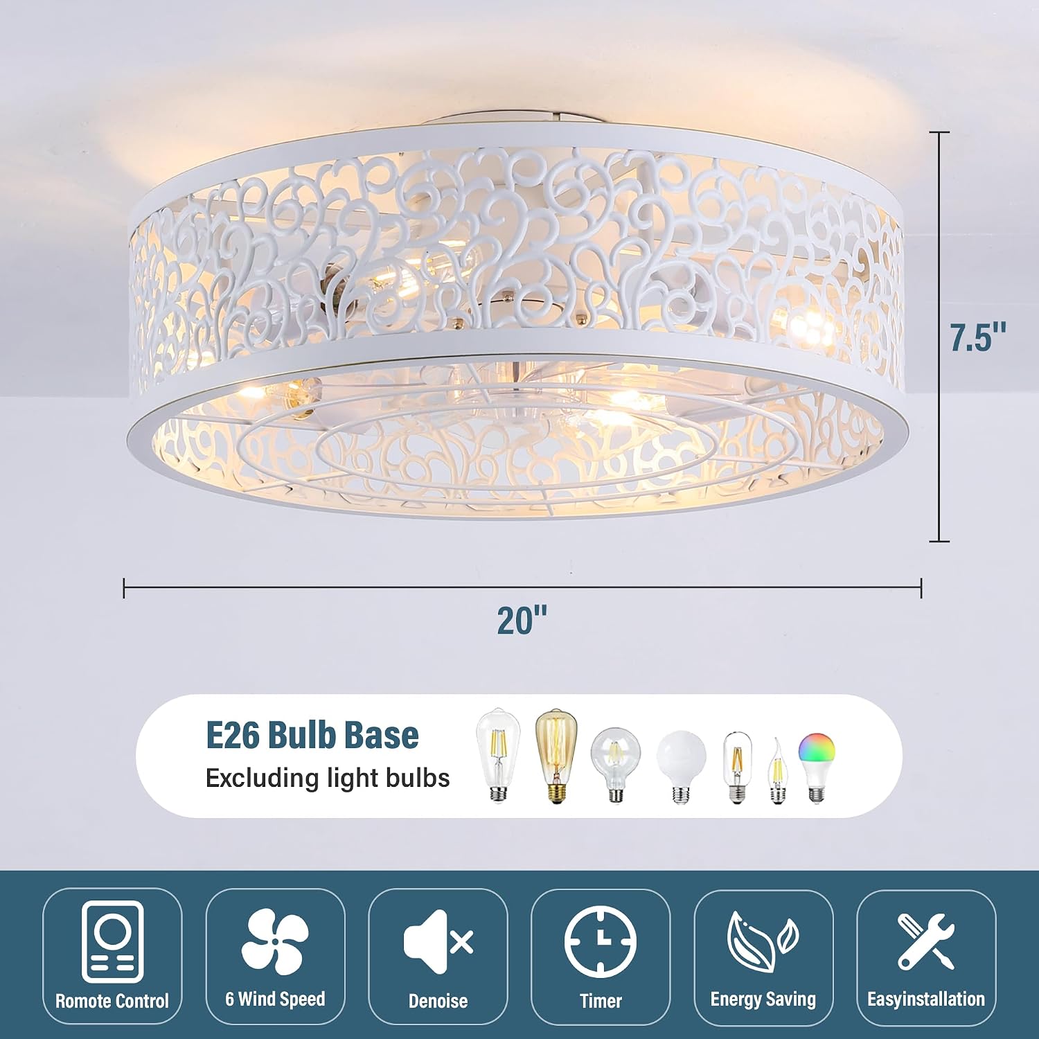 COCOSTAR Small Farmhouse Ceiling Fan with Light and Remote//APP, 20in White Caged Fandelier with Lights for Kitchen, Bedroom（4 Speed, Timing）