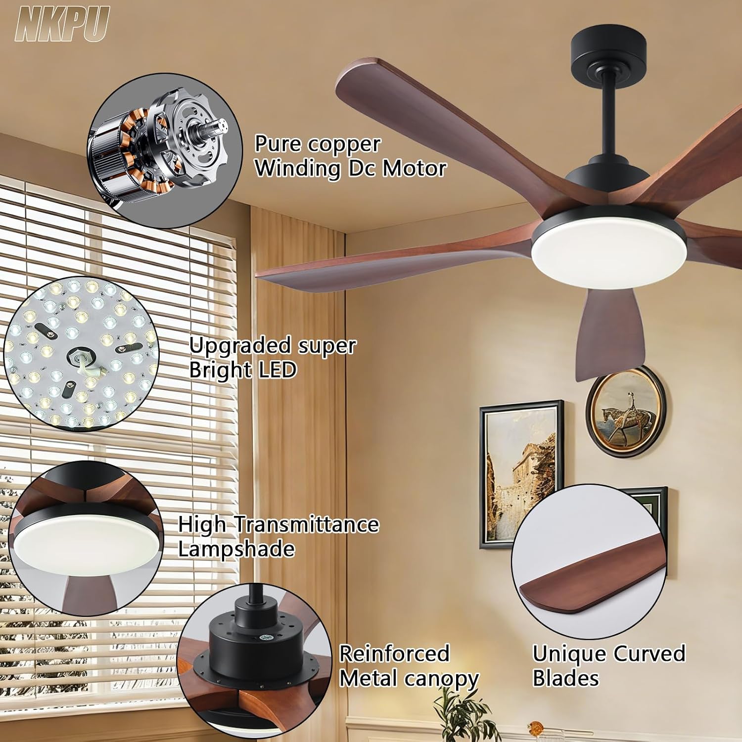 NKPU Ceiling Fans with Lights and Remote Control, 5 Solid Wood Blades, 3CCT Dimmable, Quiet DC Motor, 56 Inch Modern Outdoor Ceiling Fans for Bedroom Farmhouse Patios