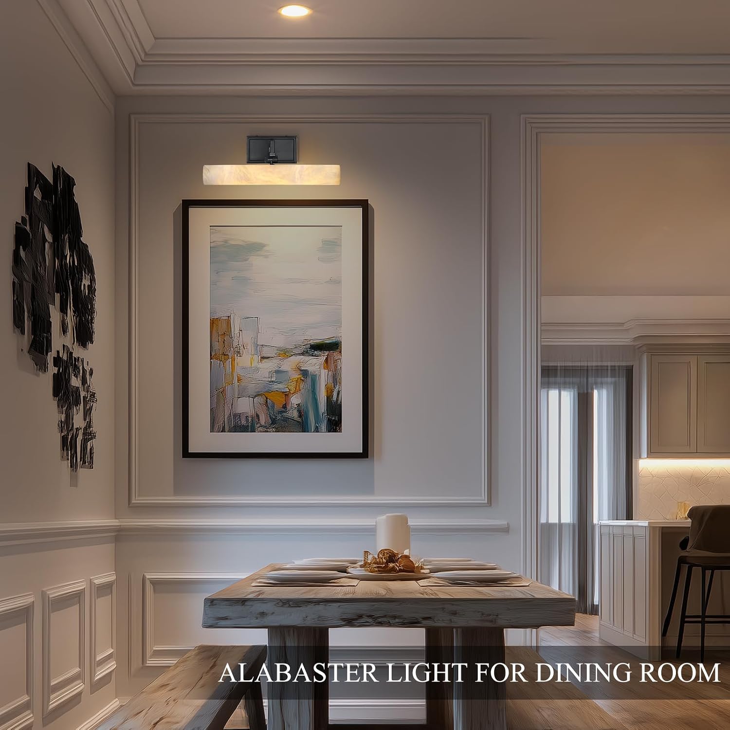 Alabaster Picture Light Hardwired, 12' Matte Black Art Light for Wall & Paintings, Real Spanish Marble Picture Frame Light, Dimmable LED Gallery Lighting, Bathroom Vanity Light Accent for Mirror Use