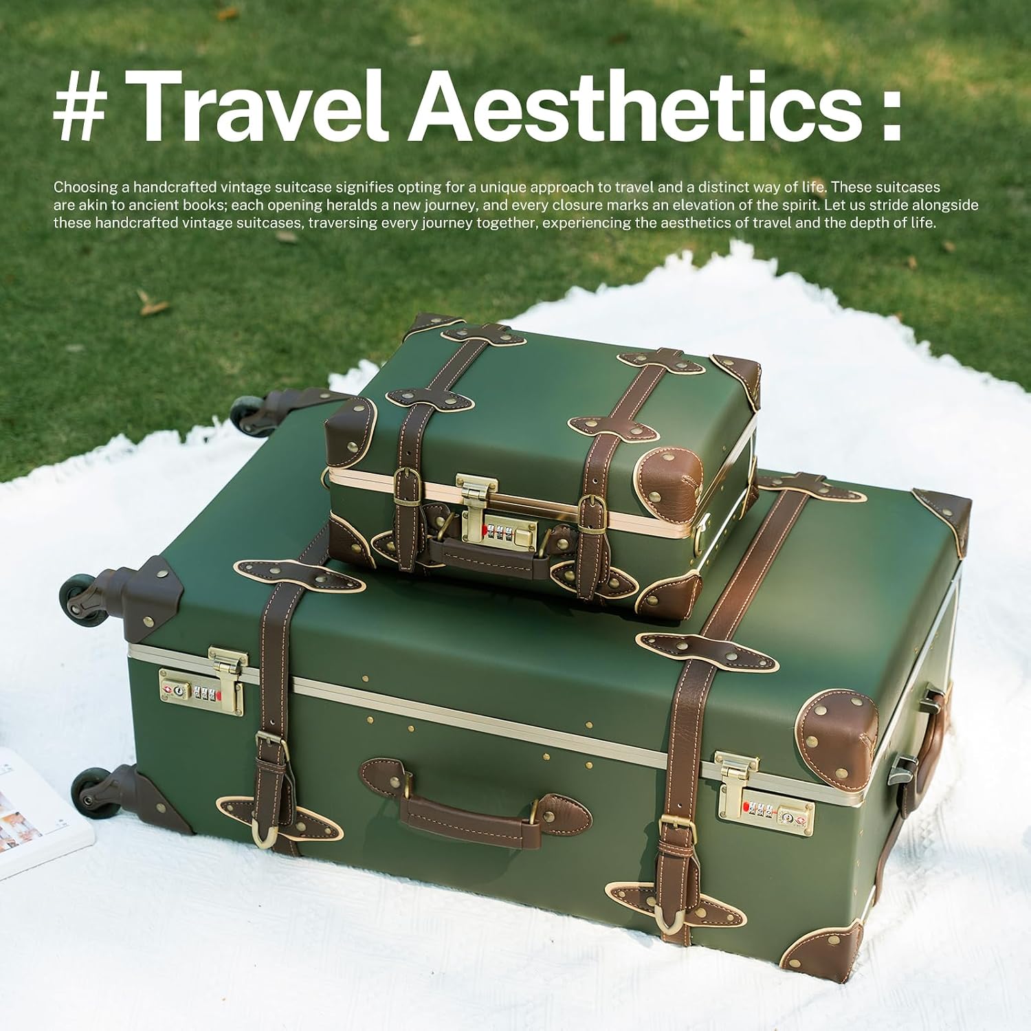 urecity Vintage Suitcase Set for Women, Vintage Luggage Sets for Women 2 Piece, Cute Designer Trunk Luggage, Retro Suit Case, Luggage Zipperless TSA Approved, Army Green, 20'+12'