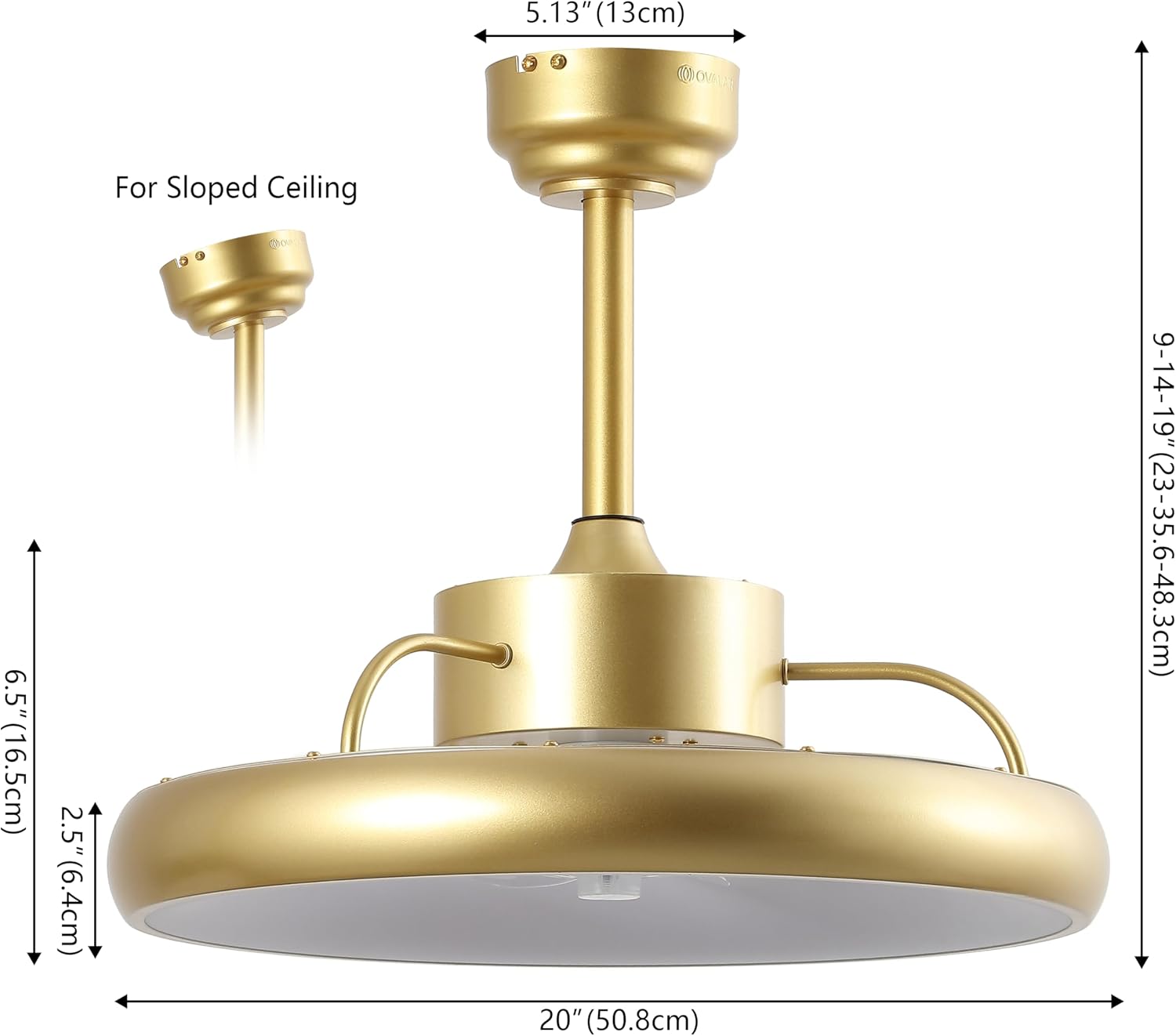 Oval AIR Loren 20' Small Smart Ceiling Fan with Light, Semi Flush Mount, Quiet 6-Speed Reversible Motor, Dimmable LED, Adjustable CCT, App & Remote Control, Modern Glam, Gold AIR8002A