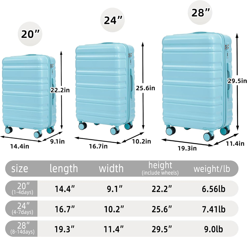 GDFStudio 20/24/28 Inch 3 Piece Luggage Set, ABS Hard Shell Spinner Suitcase with 360° Silent Wheels, Expandable Capacity,Combination Lock, Retractable Handle, Carry On & Checked Suitcases,Blue
