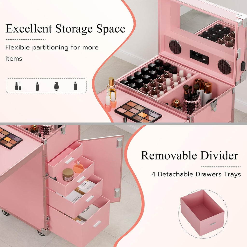 Icoget Portable Rolling Manicure Table for Nail Teach, Foldable Traveling Nail Desk w/Storage, Mobile Manicure Table w/Audio and Mirror, Makeup Train Case Cosmetic Trolley, Pink