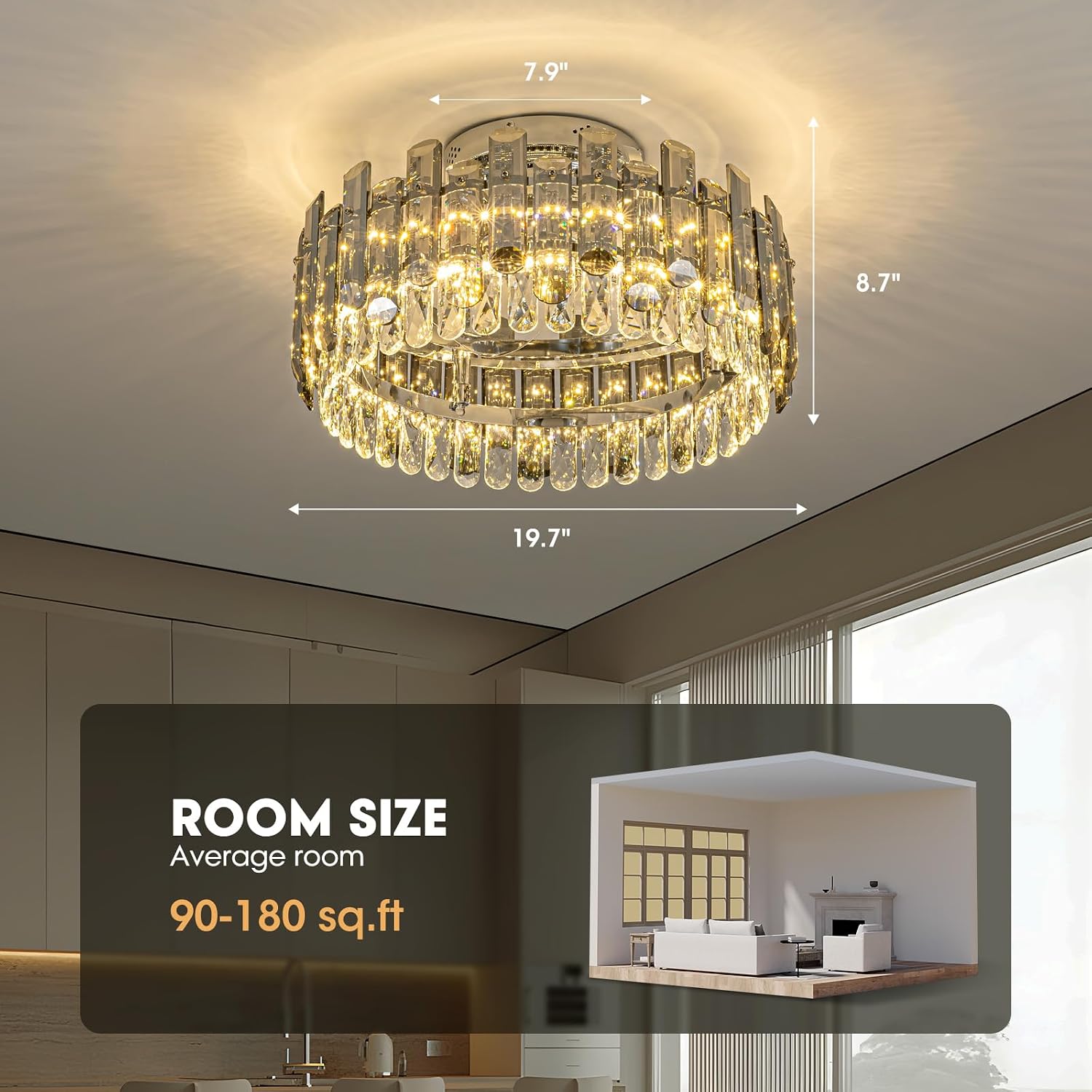 Crystal Ceiling Fan with Lights, Modern Chandelier Ceiling Fan with Remote, 6-Speed Wind, Dimmable LED, 20' Low Profile Ceiling Fan for Bedroom Dining Room Living Room