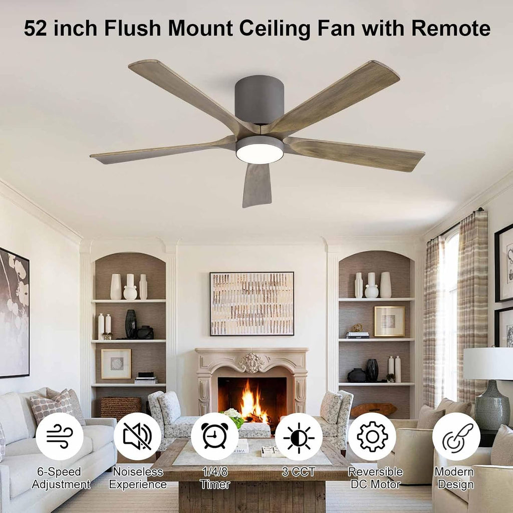 ELEHINSER 52 Inch Flush Mount Ceiling Fan with Lights, Low Profile Modern Ceiling Fan with Remote, Quiet DC Motor, 6-Speed, 3CCT,Timer, 5 Solid Wood Blades, Charcoal Grey