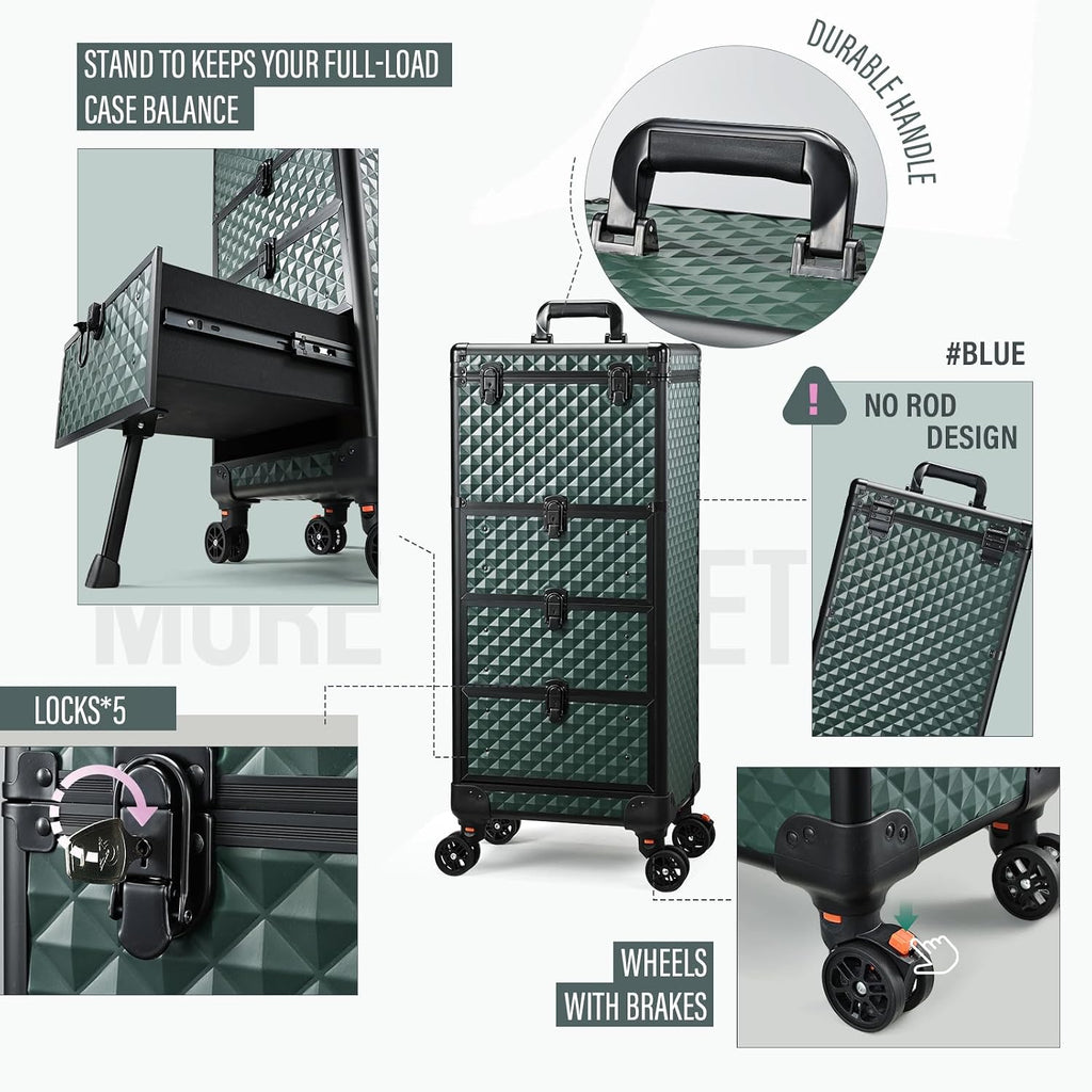 Yueieoun Nail Trolley Cart with 3 Drawers, Salon Station Cosmetology Case on Wheels Rolling Makeup Train Case Nail Case Organizer Beauty Salon Travel Case for Nailart,SPA,Hairstylist,Artist,Dark Green