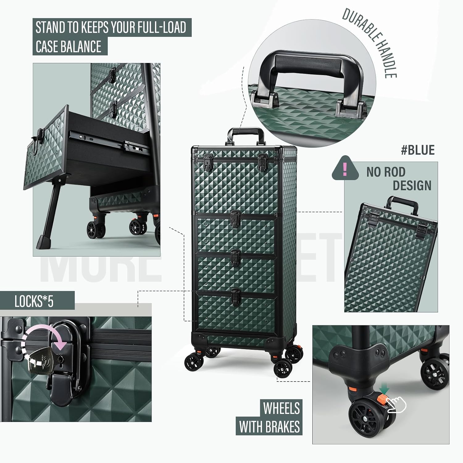 Yueieoun Nail Trolley Cart with 3 Drawers, Salon Station Cosmetology Case on Wheels Rolling Makeup Train Case Nail Case Organizer Beauty Salon Travel Case for Nailart,SPA,Hairstylist,Artist,Dark Green