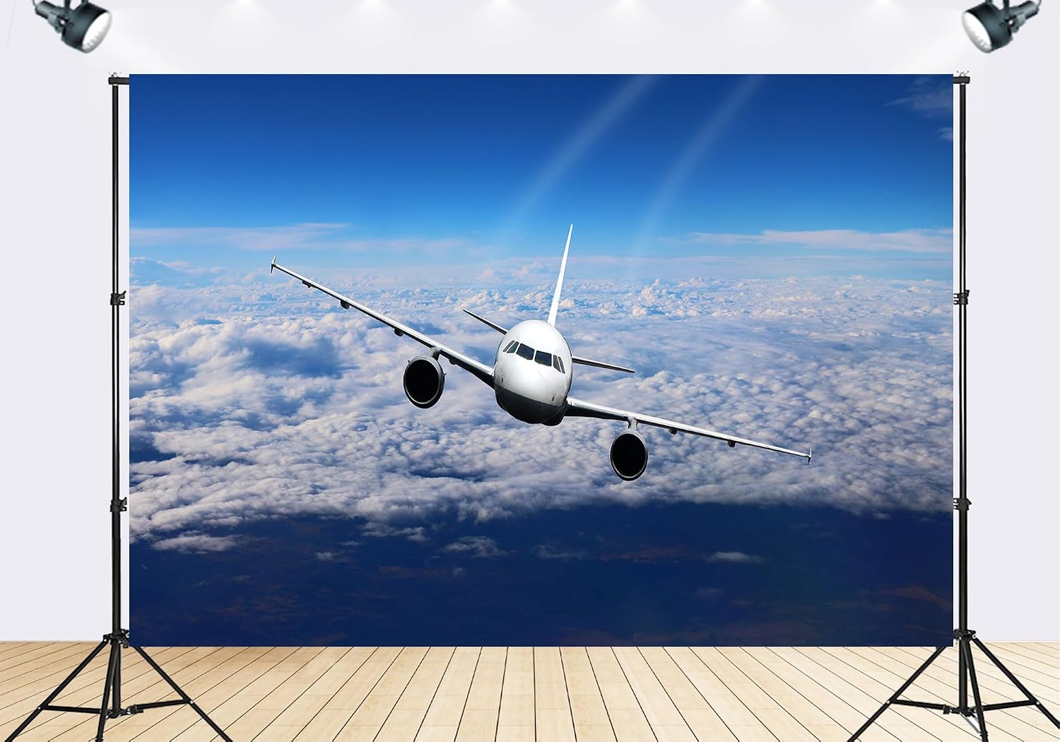 Trykid 20x10ft Commercial Airplane in Flight Backdrop Above Clouds Clear Blue Sky Photography Background Home Wall Decor Travel Theme Party Decoration Photo Booth Prop Fabric