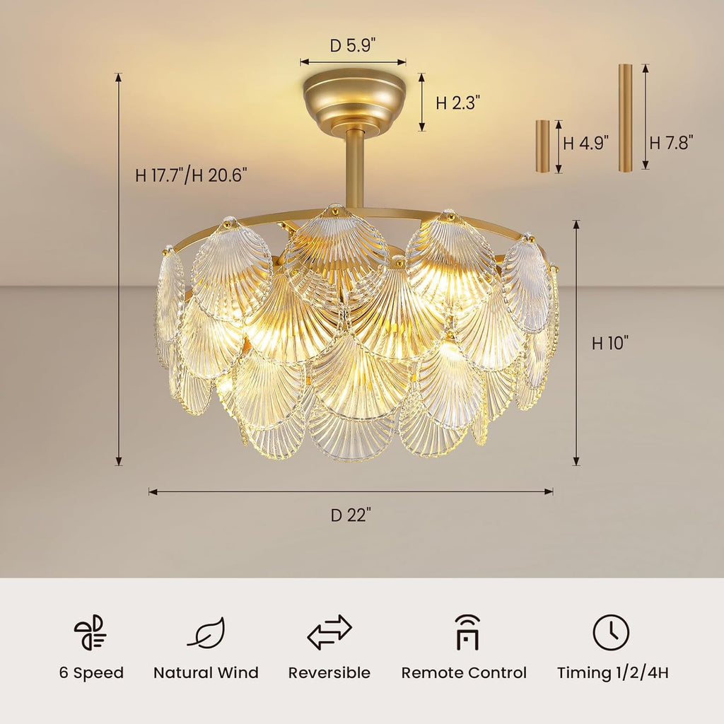 NOXARTE 22 Inch Crystal Ceiling Fan with Light, Multi-Tier Shell Cloud Glass Metal Caged Ceiling Fan Remote Control Modern Gold Fandelier Reverse Motor 6 Speeds Chandelier Fan for Living Room Bedroom