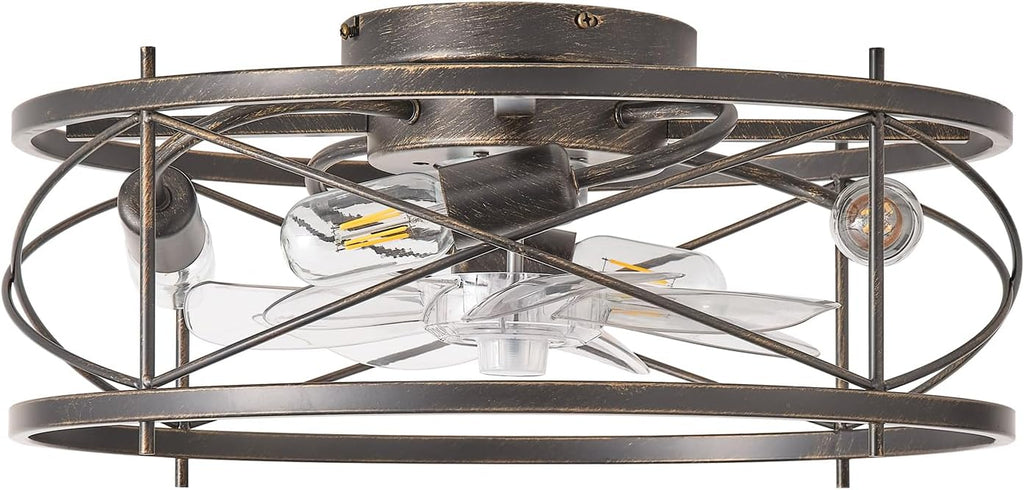 20' Rustic Ceiling Fan with Light Flush Mount, Farmhouse Caged Ceiling Fans with Lights and Remote, Bladeless Low Profile Ceiling Fan with 6 Speeds for Bedroom, Living Room, Nursery