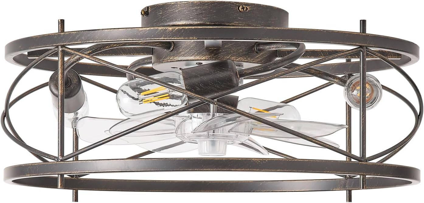 20' Rustic Ceiling Fan with Light Flush Mount, Farmhouse Caged Ceiling Fans with Lights and Remote, Bladeless Low Profile Ceiling Fan with 6 Speeds for Bedroom, Living Room, Nursery