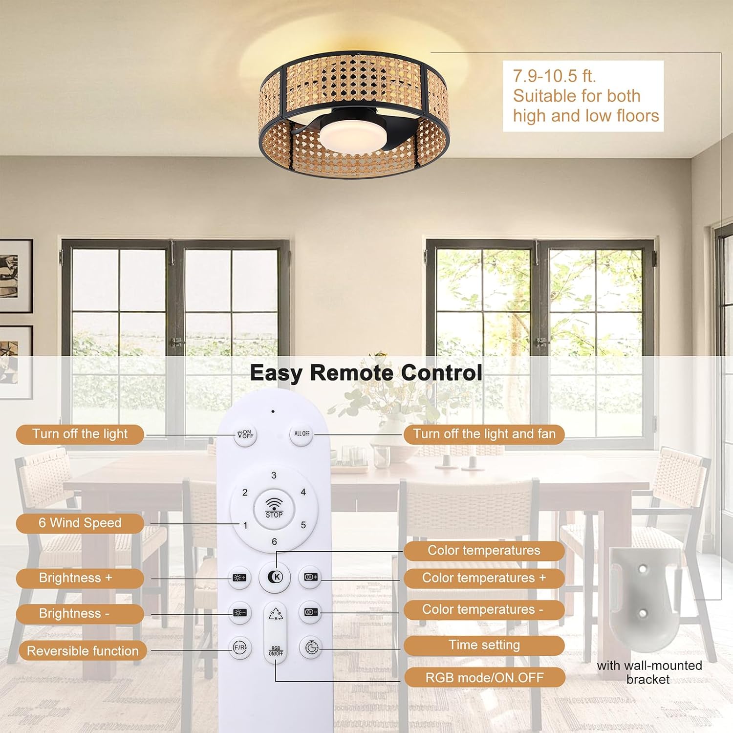 Ganeed 20' Handwoven Rattan Boho Ceiling Fans with Lights, Dimmable RGB LED Wicker Caged Ceiling Fan with Light and Remote, 6 Speed/Reversible Motor Rattan Fandelier for Bedroom Dining Room Nursery
