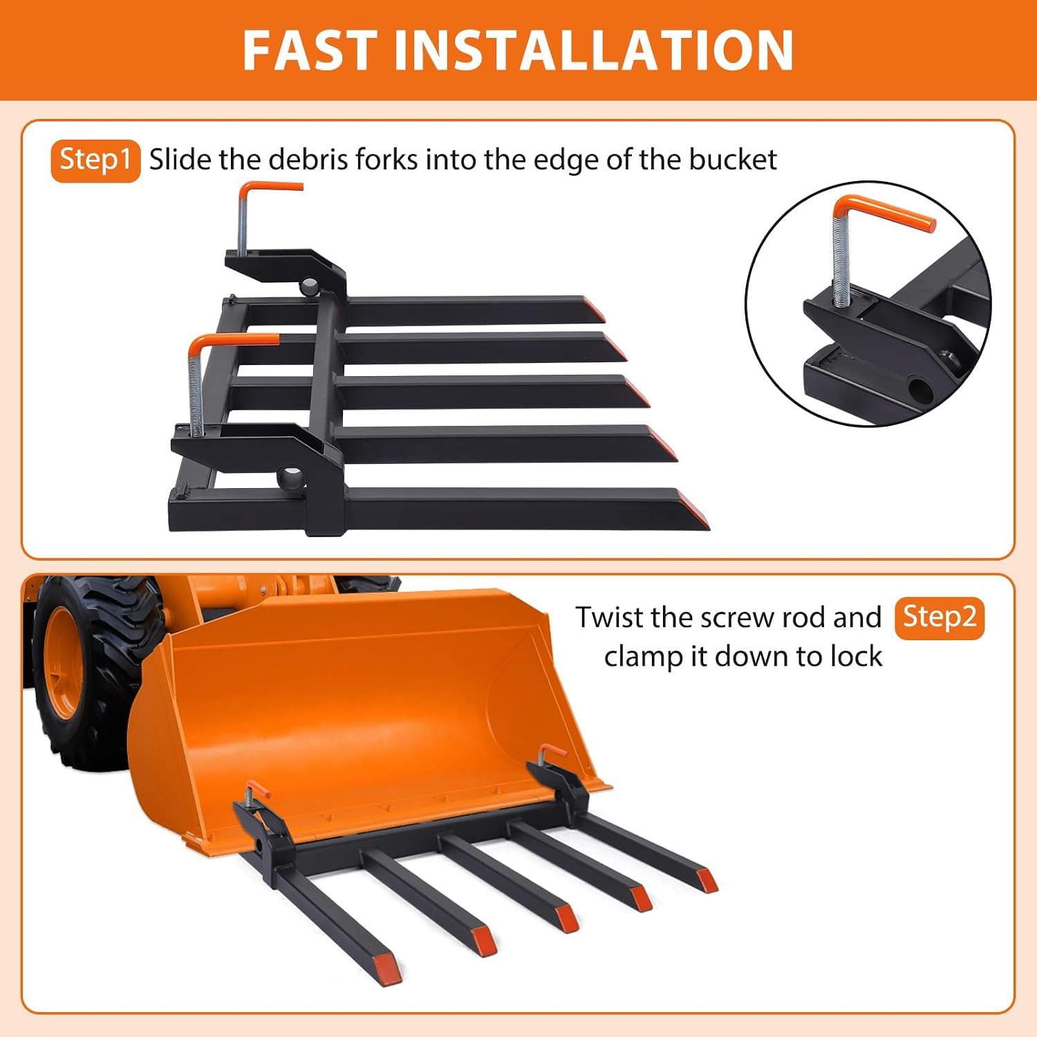 Hipicute Clamp On Debris Forks to 68', Clamp-On Pallet Fork 6000 Lbs Capacity Load Fit for Loader Bucket Skidsteer Tractor
