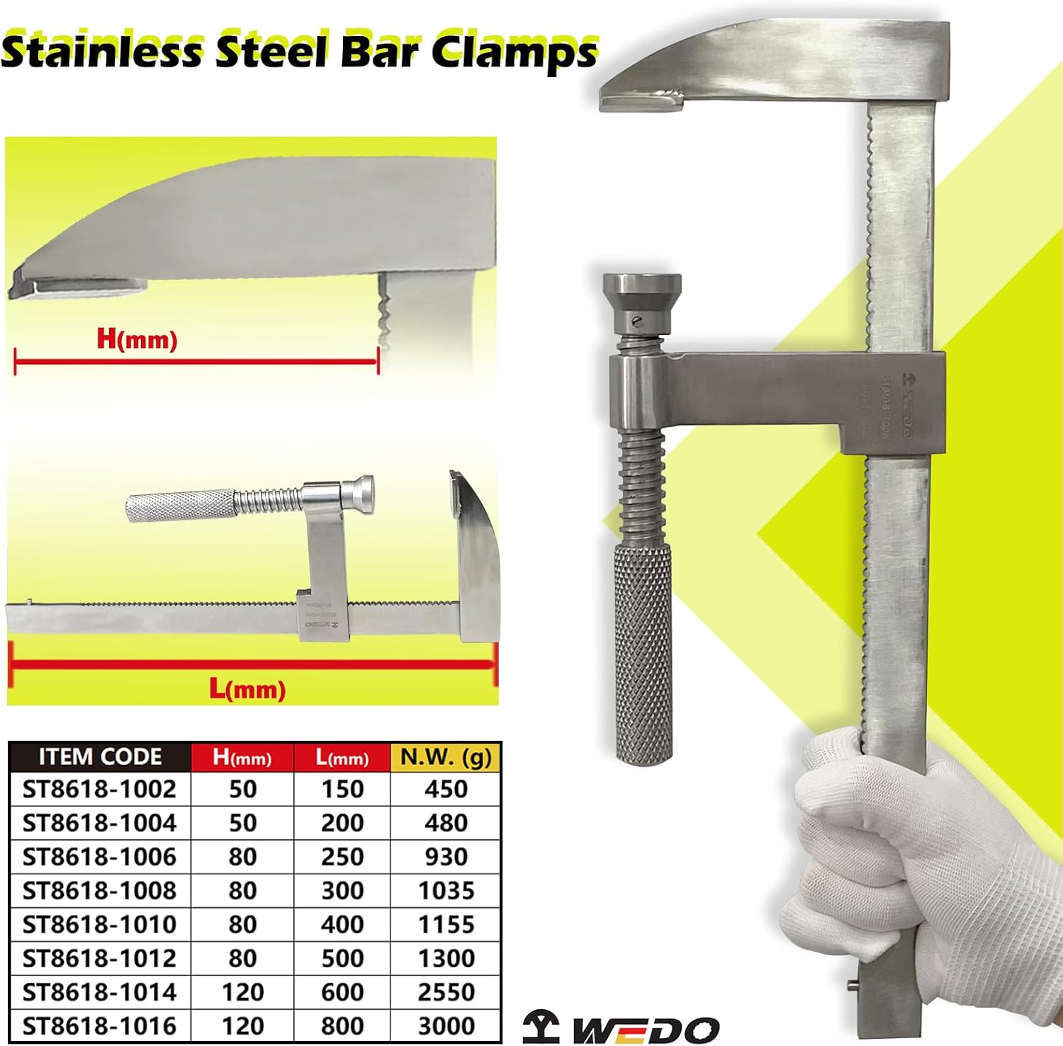 WEDO Bar Clamp, Stainless Steel F Clamp, Deep throat 3', Max jaw opening 16', Heavy Duty Bar Clamp for Welding Woodworking, Metal working, DIY and Crafts