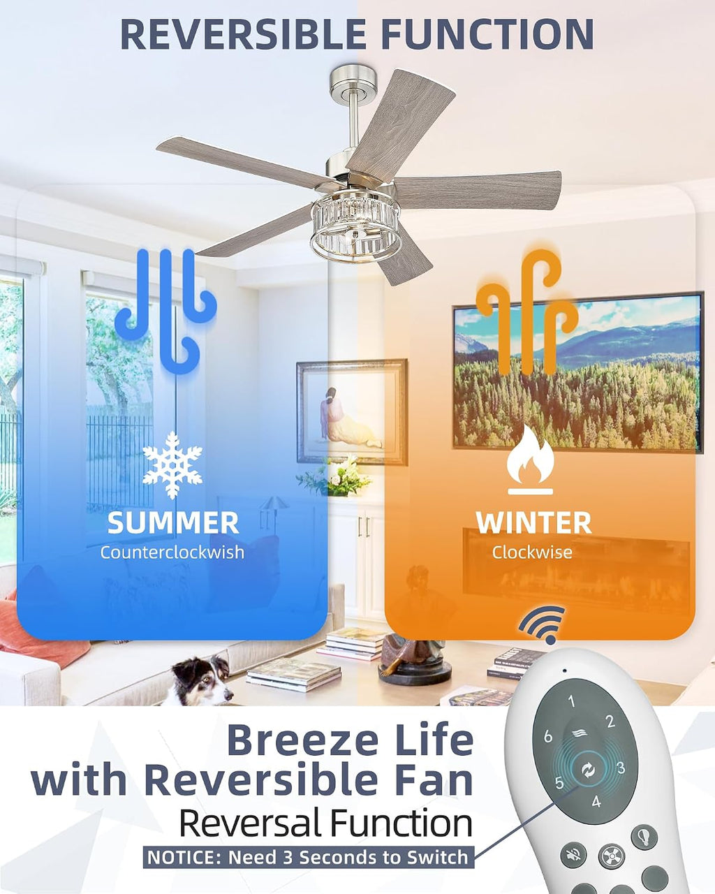 YOUKAIN 48 Inch Brushed Nickel Ceiling Fan with Lights and Remote, Modern Crystal Ceiling Fan, 5 Reversible Gray & Wood Blades, Quiet Indoor Ceiling Fan for Bedroom Living Room, 48-YJ632A-BN