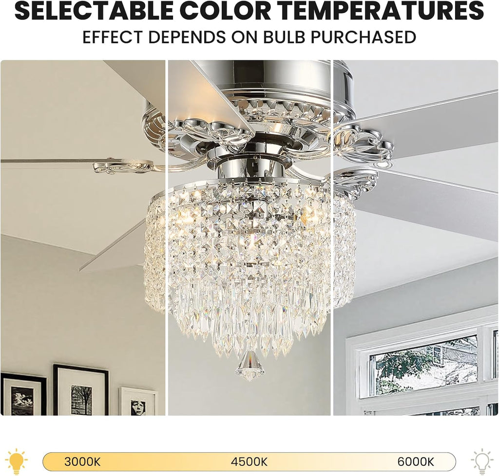 Crystal Ceiling Fan with Lights Modern Chandelier Fan with Remote Chrome Reversible Fan Light Fixture for Bedroom Dining Room 52'