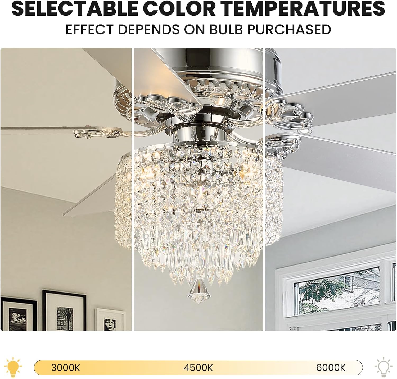 Crystal Ceiling Fan with Lights Modern Chandelier Fan with Remote Chrome Reversible Fan Light Fixture for Bedroom Dining Room 52'