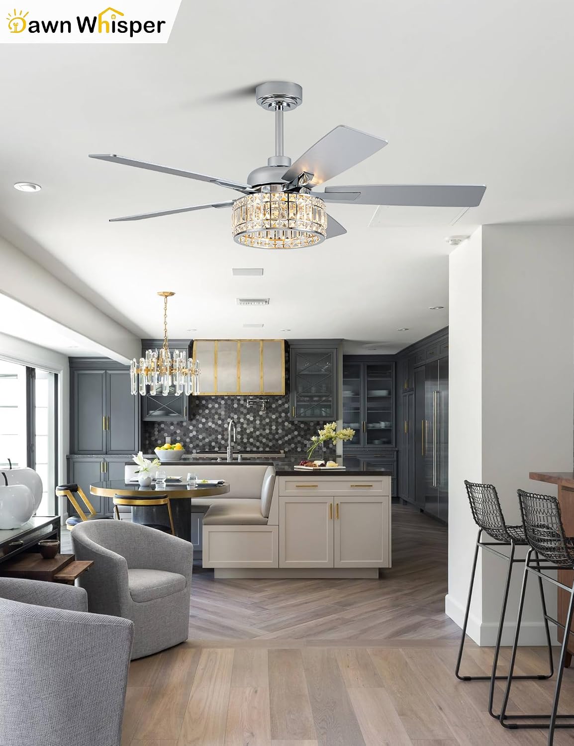 Dawn Whisper 52 Inch Modern Ceiling Fans with Lights Low Profile Silver Crystal Fandelier Ceiling Fans with Remote for Living Room Bedroom Kitchen Quiet Reversible DC Motor 6 Speeds Dual Finish