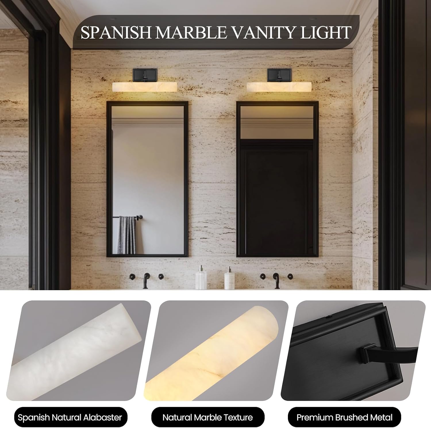 Alabaster Picture Light Hardwired, 12' Matte Black Art Light for Wall & Paintings, Real Spanish Marble Picture Frame Light, Dimmable LED Gallery Lighting, Bathroom Vanity Light Accent for Mirror Use
