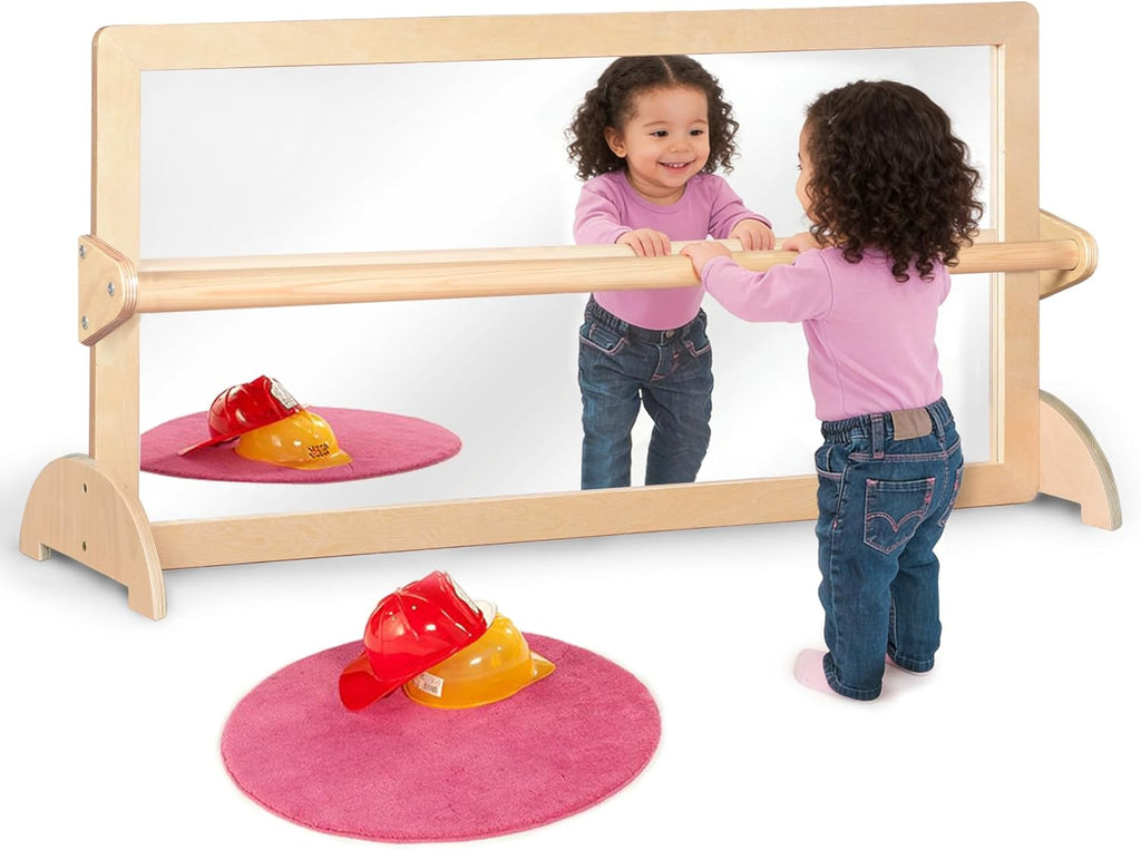 3-Position Montessori Wood Frame Non-Shatter Safety Pull Up Bar Baby Big Mirror Set, Infant Coordination Mirror, Kids Classroom Furniture for Daycare, Homeschool or Preschool