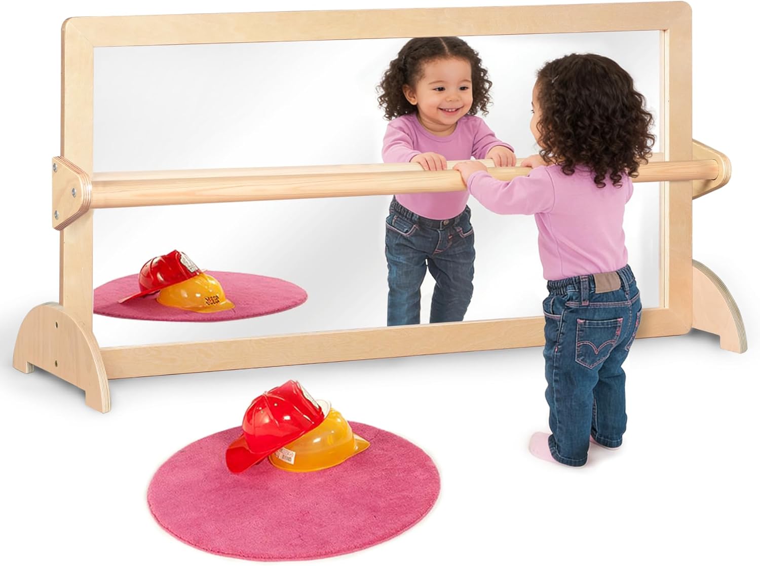 3-Position Montessori Wood Frame Non-Shatter Safety Pull Up Bar Baby Big Mirror Set, Infant Coordination Mirror, Kids Classroom Furniture for Daycare, Homeschool or Preschool