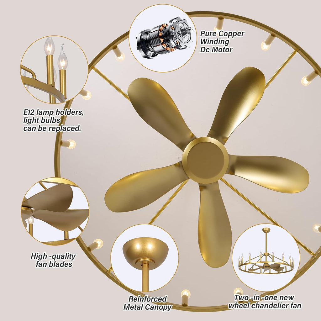 Farmhouse Chandelier Ceiling Fan with Light and Remote, 16-Lights Large Wagon Wheel Fandelier with Candle for Living Room, Gold Fan with Big Light Fixture for Living Room