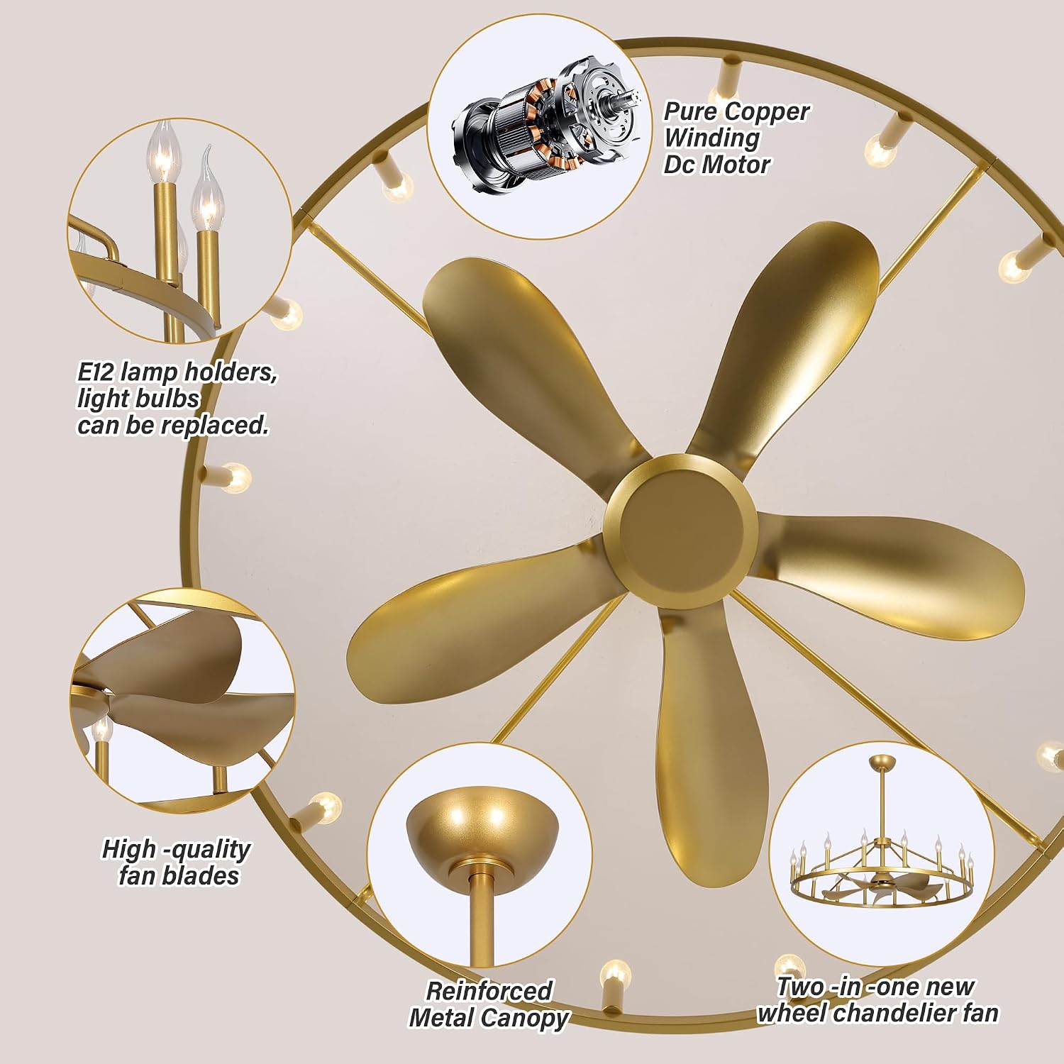 Farmhouse Chandelier Ceiling Fan with Light and Remote, 16-Lights Large Wagon Wheel Fandelier with Candle for Living Room, Gold Fan with Big Light Fixture for Living Room