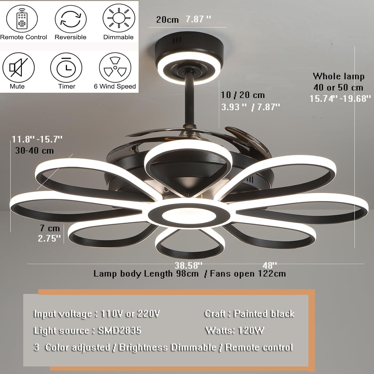 48' Ceiling Fans with Lights and Remote Control 3000-6000K Brightness Dimming Modern LED Ceiling Fans Reversible 6 Wind Speeds Fans lamp for Bedroom, Living Room Kids Room
