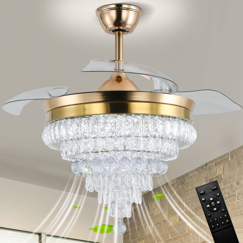 42'' Gold Crystal Fandelier Ceiling Fan with Lights, Dimmable LED Chandelier Fan, Retractable Blades, Remote & APP Control, 6-Speed Reversible, Flush Mount for Bedroom Living Room Dining Room