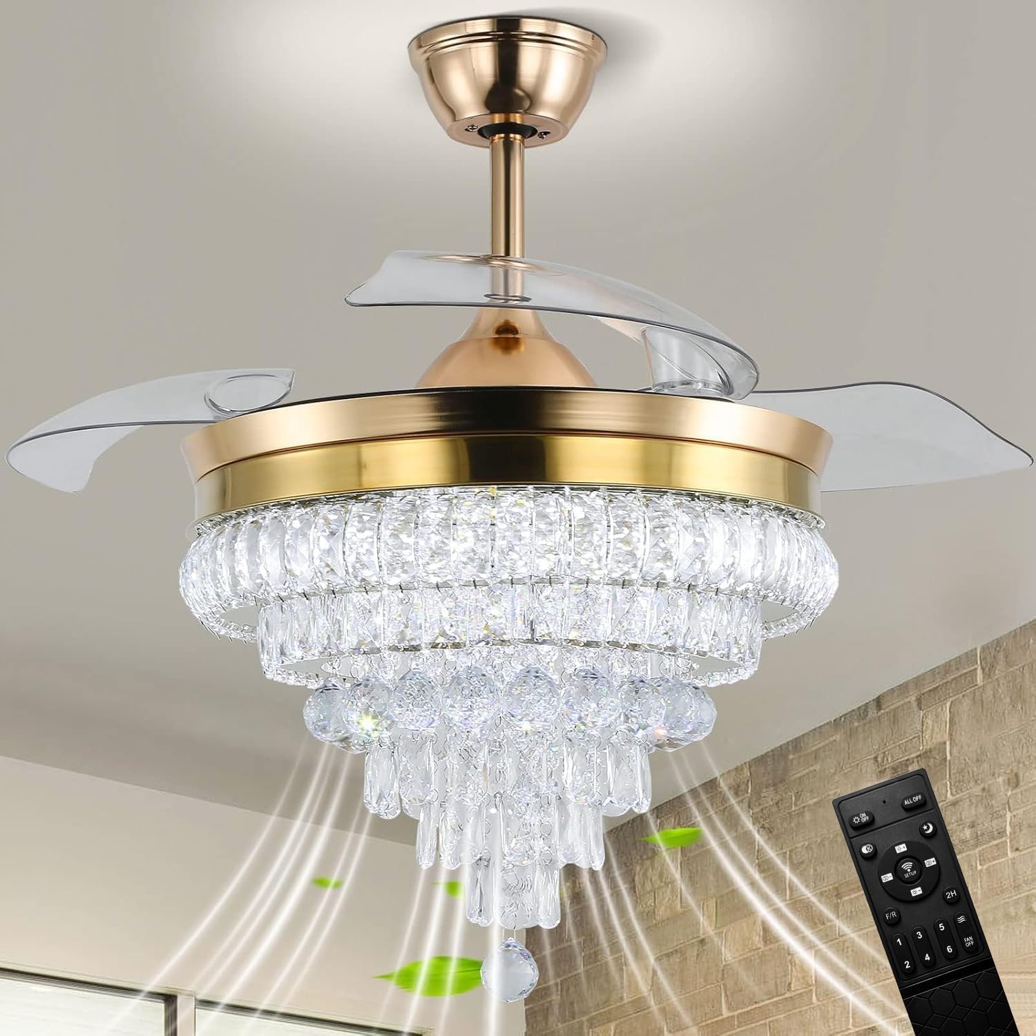 42'' Gold Crystal Fandelier Ceiling Fan with Lights, Dimmable LED Chandelier Fan, Retractable Blades, Remote & APP Control, 6-Speed Reversible, Flush Mount for Bedroom Living Room Dining Room