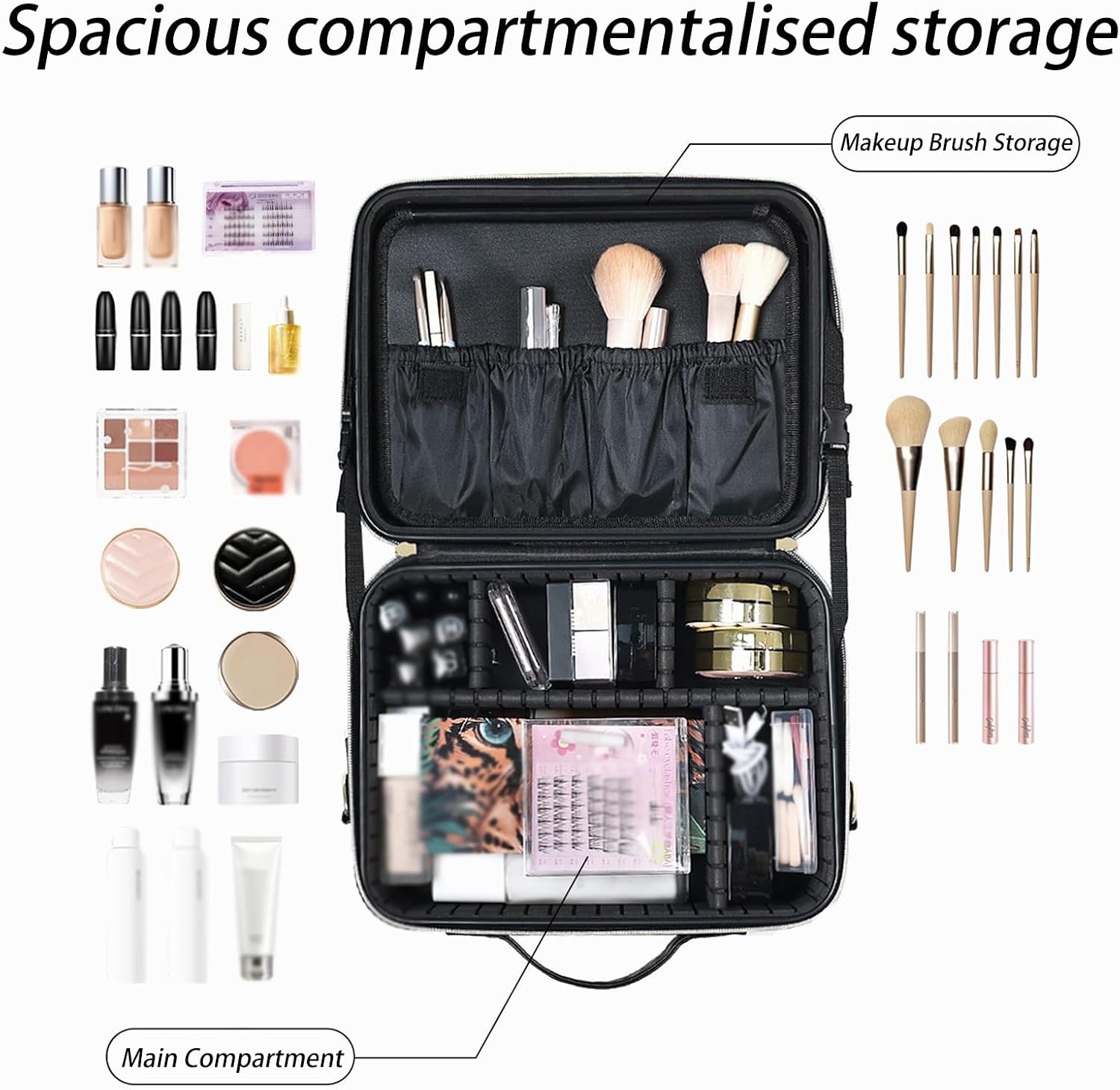 HJXGQJM Black Travel Makeup Bag with LED Mirror 3 Colors Modes, Portable Makeup Organiser with Adjustable Dividers Compartment, Light Up Vanity Case, Makeup Storage for Women