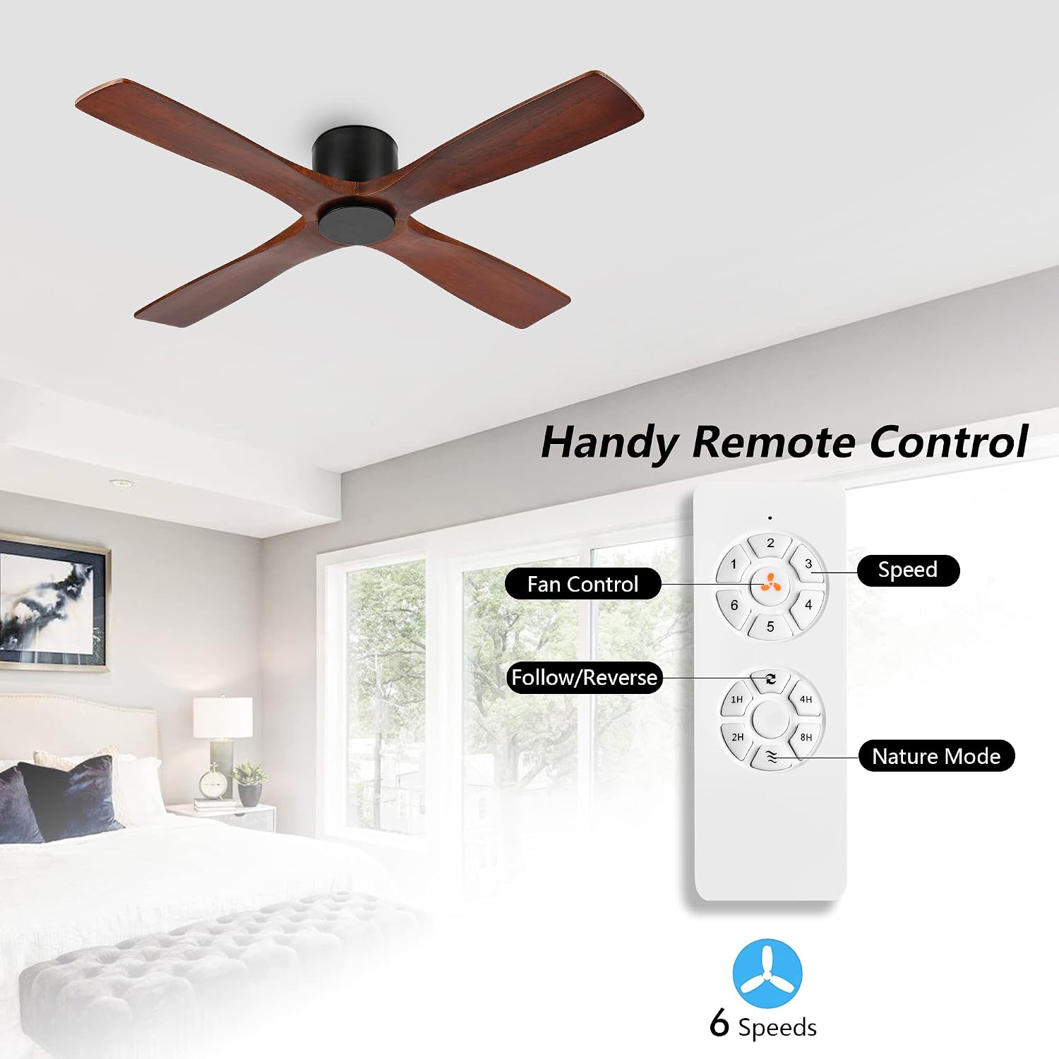 WINGBO 48 Inch Flush Mount DC Ceiling Fan without Lights, 4 Reversible Carved Wood Blades, 6-Speed Noiseless DC Motor, Hugger Ceiling Fan No Lights in Matte Black Finish with Walnut Blades, ETL Listed