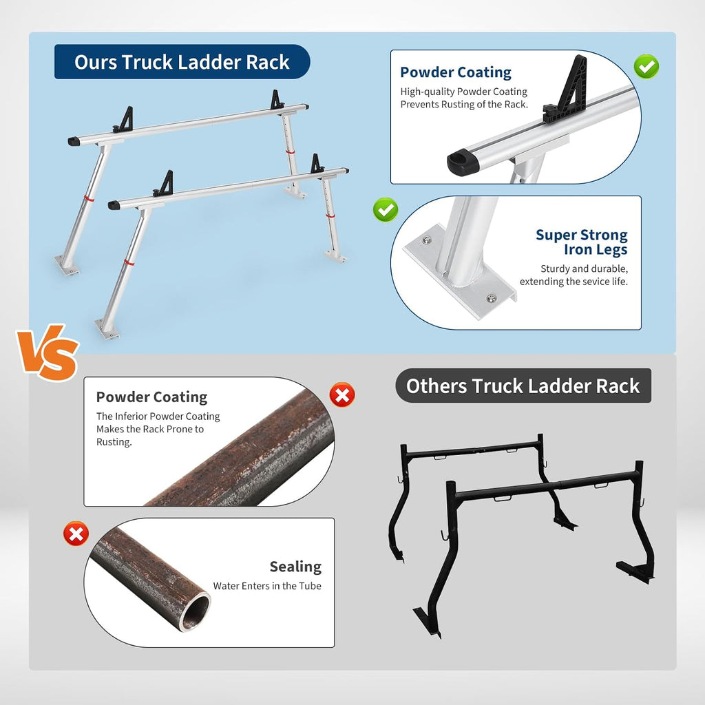 Adjustable Aluminum Truck Ladder Rack 35.4–71 in, 800 LB Heavy-Duty Pickup Bed Cargo System with Drilling Mount for Kayak, Surfboard, Lumber & Work Equipment - Silver