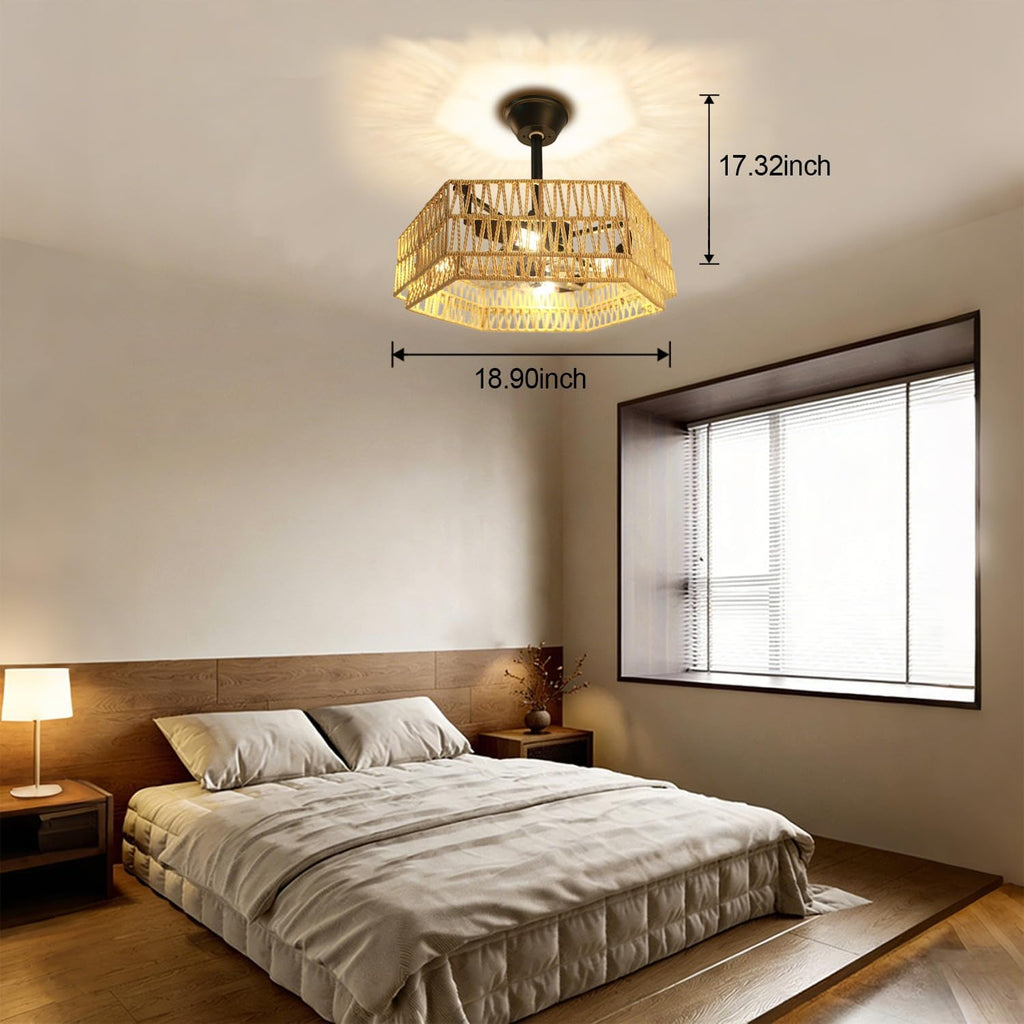 Ceiling Fans with Lights Flush Mount, 20 Inch Caged Low Profile Ceiling Fans with 3 Mode Lighting and Remote Control with E26 Bulbs for Bedroom, Nursery, Garage (Yellow (Hexagon))