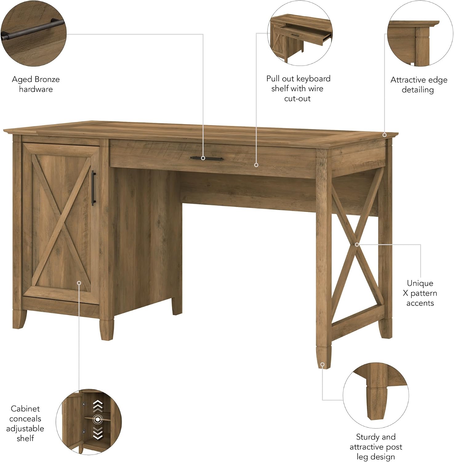 Bush Home Key West Computer Desk with Storage | Farmhouse PC Table for Home Office in Reclaimed Pine | 54W x 24D