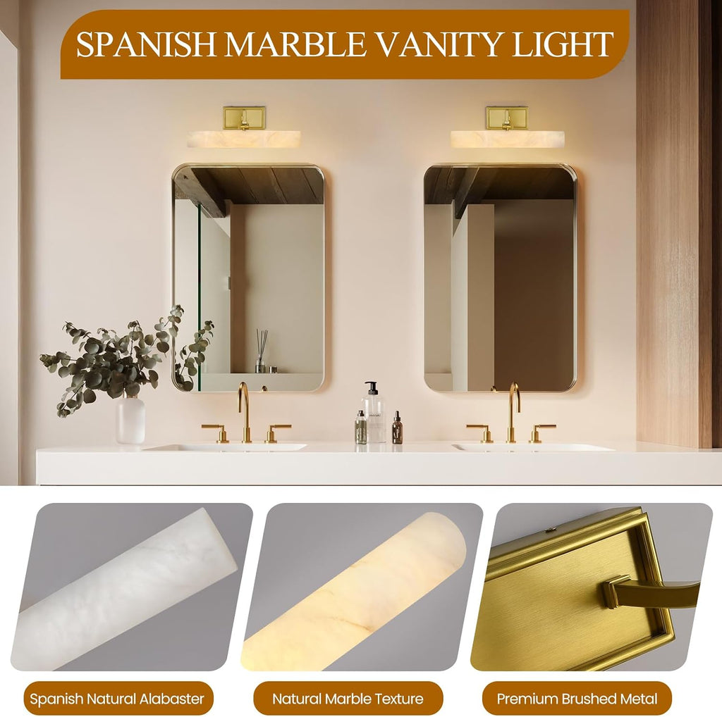12in Alabaster Picture Light for Wall Art, Brushed Gold Art Display Light, Natural Marble Bathroom Vanity Lights, Modern Dimmable Brass Hardwired Picture Frame Light for Paintings, Poster, Library