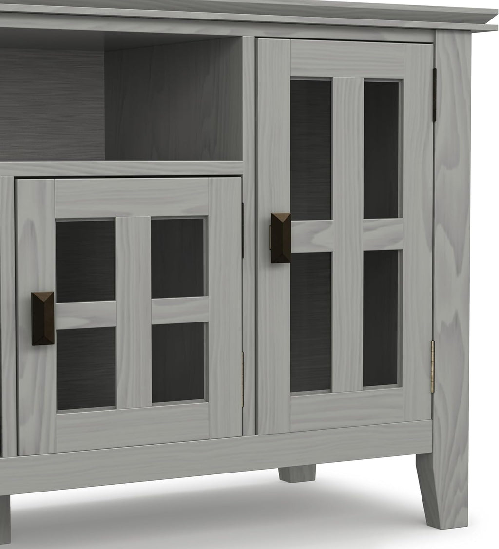 SIMPLIHOME Artisan TV Stand - 72 inch Wide Solid Wood Media Console in Fog Grey, Contemporary Entertainment Center for Living Room for TVs up to 80 Inches with Glass Cabinets and Cable Management
