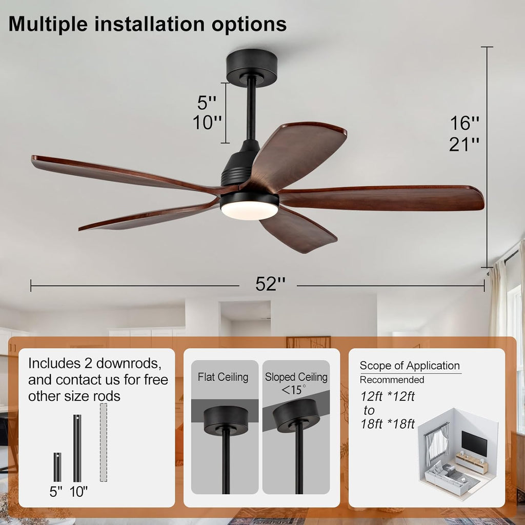 52 Inch Ceiling Fans with Lights and Remote, 5 Blades Wood Ceiling Fan with Light, Dimmable, Wall Switch, Reversible DC Motor, Modern Indoor Outdoor Ceiling Fan for Patio Bedroom