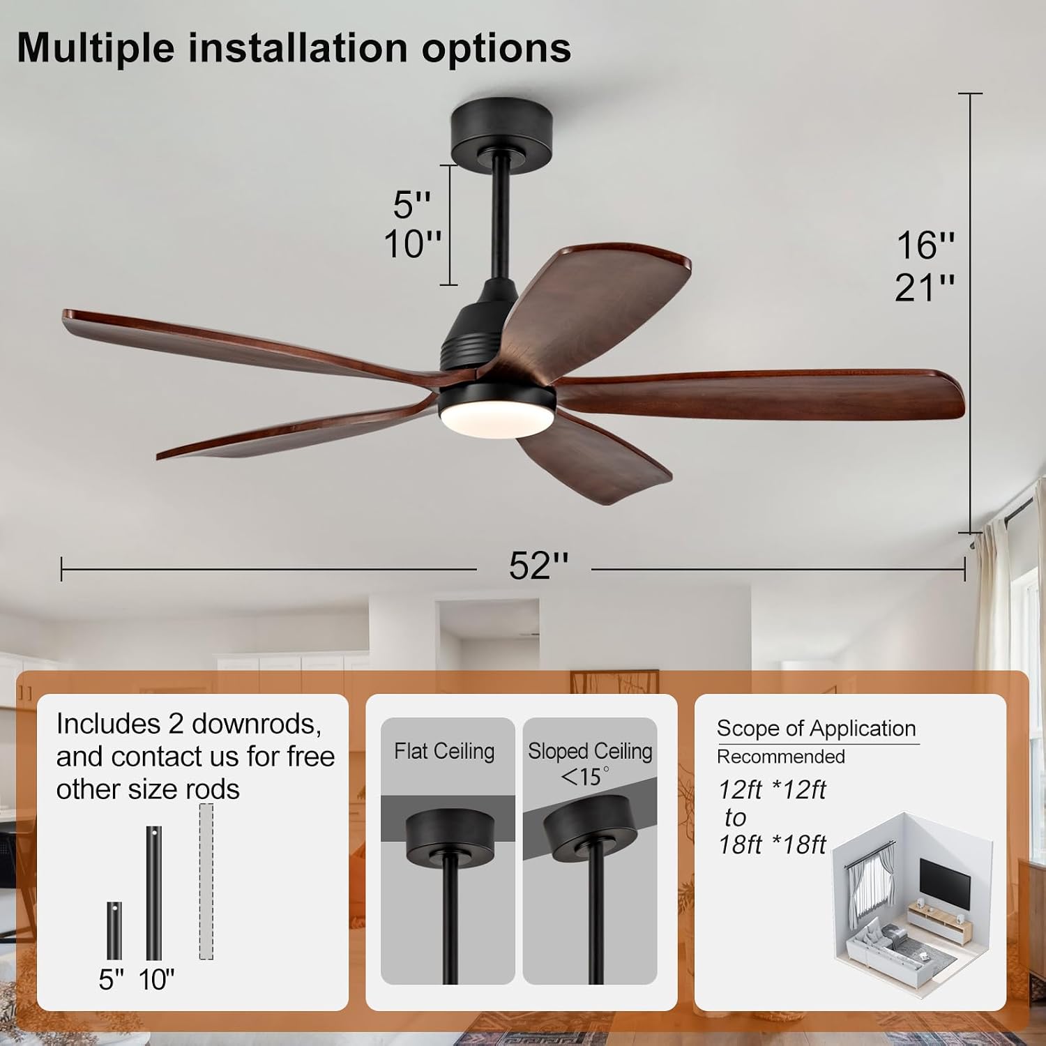 52 Inch Ceiling Fans with Lights and Remote, 5 Blades Wood Ceiling Fan with Light, Dimmable, Wall Switch, Reversible DC Motor, Modern Indoor Outdoor Ceiling Fan for Patio Bedroom