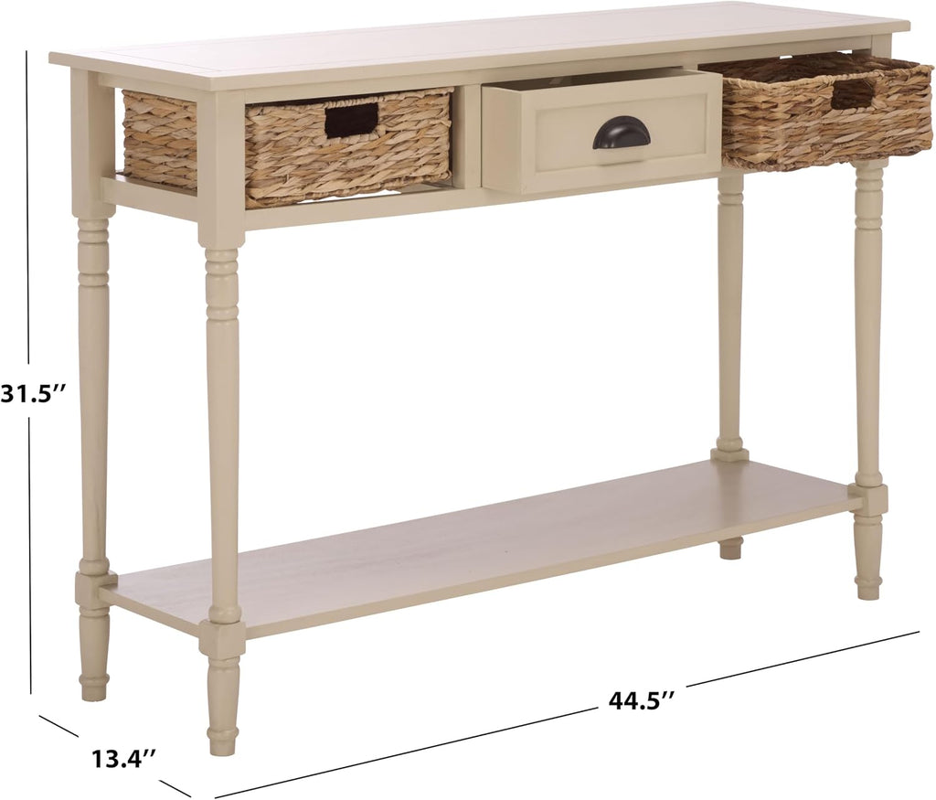 SAFAVIEH Home Collection - Christa Entryway Console Table, Sand Solid Wood 3-Drawer Storage Sofa Table with Rattan Baskets (AMH5737G)