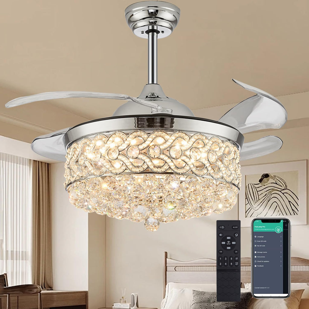 DuMaiWay 36' Dimmable Ceiling Fan Chandelier with Lights and Remote, Fandelier, Crystal Ceiling Fan Retractable Invisible Blade LED Lighting for Bedroom Living Room 6 Speed Chrome