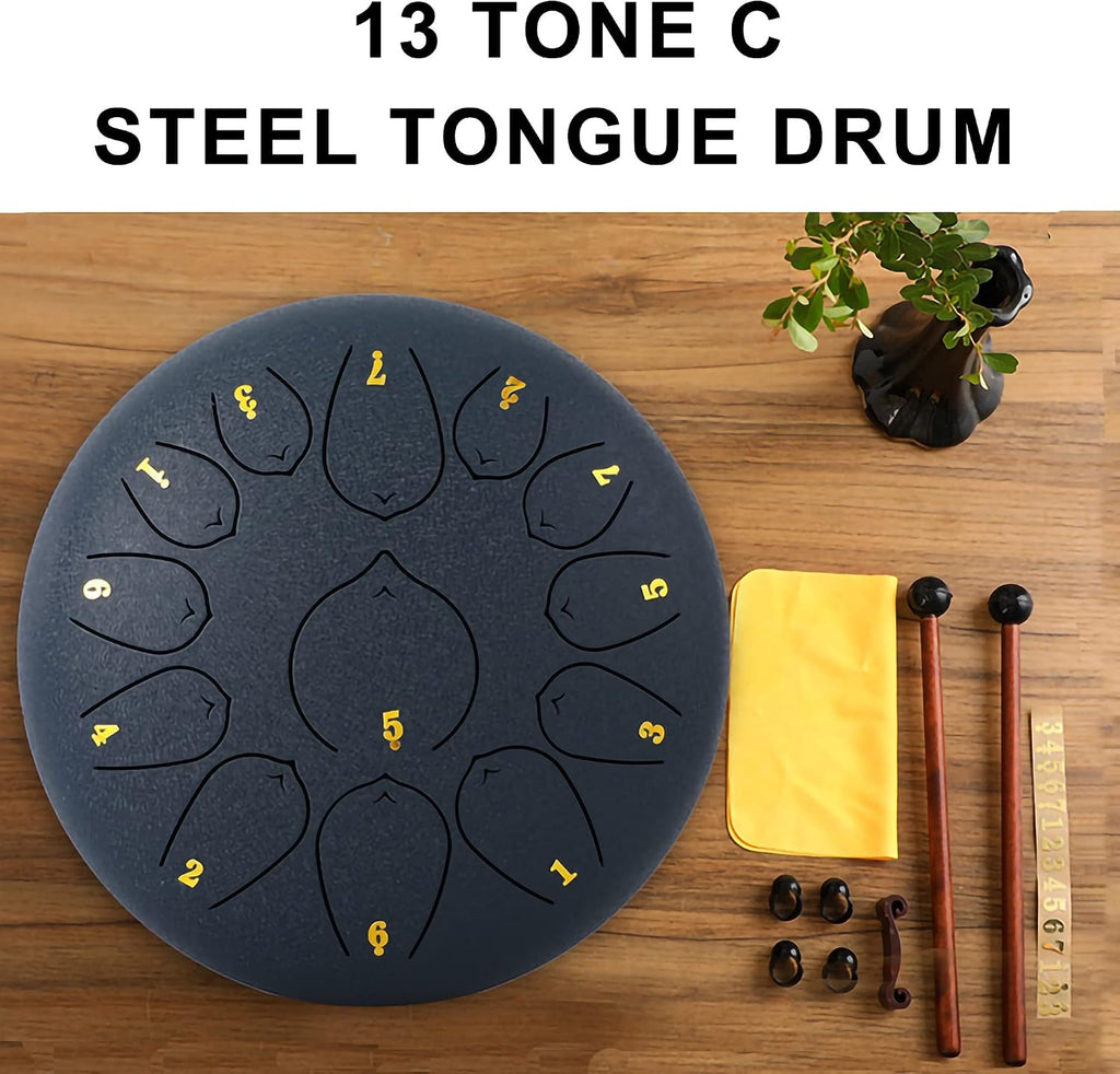 Steel Tongue Drum C Major， 12 inch 13 Notes Children Tongue Drum Handpan Drum， Percussion Instrument kit with Drum Mallets， Note Stickers， Finger Picks， Mallet，Vermilion Red-12 inches 13 Tones