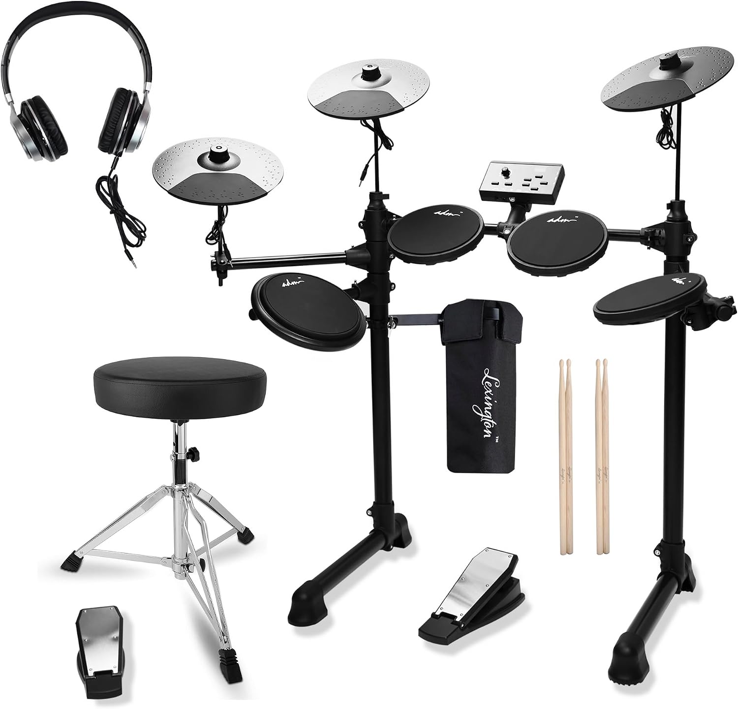 ADM Electronic Drum Set With 4 Quiet Electric Drum Silicone Pads, 180+ Sounds, Electric Drum Kit For Beginngers with 2 Switch Pedals, Throne, Headphones, DrumSticks, and Melodics Lessons