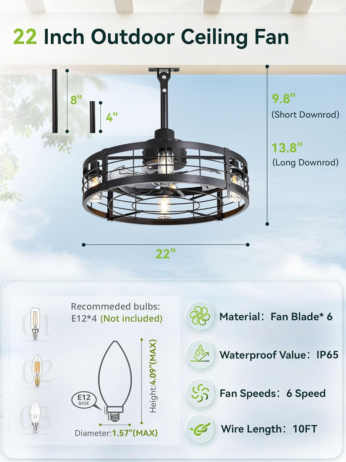LEDIARY 22' Outdoor Ceiling Fans with Light, Waterproof Gazebo Fan with Hanging Hook, Plug in Ceiling Fan with Remote,Caged Ceiling Fan with 6 Speed Timer for Patio, Porch, Pergola, Black