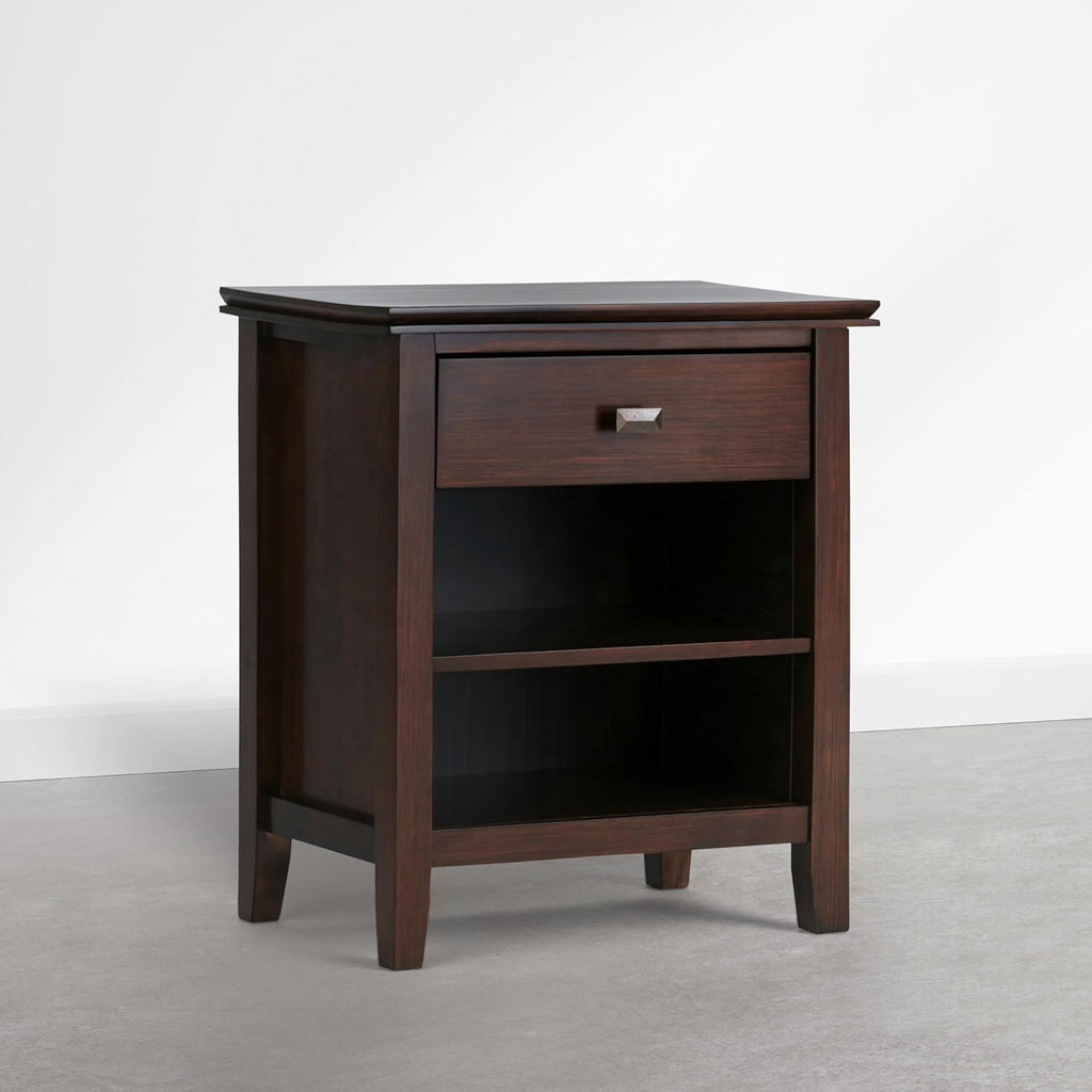 SIMPLIHOME Artisan Bedside Table - 24 inch Wide Solid Wood Nightstand Table in Autumn Brown, Contemporary Side or End Table with 1 Drawer, Open Shelf Storage and Bronze Knobs