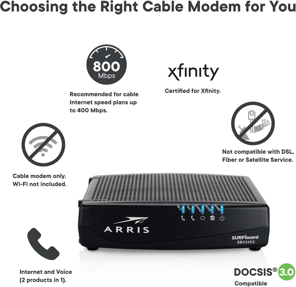 ARRIS SURFboard SBV3202 DOCSIS 3.0 Cable Modem | Comcast Xfinity Internet & Voice | 1 Gbps Port | 2 Telephony Ports | 800 Mbps Max with Xfinity Internet Plans | 2 Year Warranty