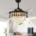 42' Dimmable Black Fandelier Ceiling Fans with Lights and Remote Modern Retractable Blade Crystal Chandelier Ceiling Fan with Lights for Bedroom Dinning Room Living Room