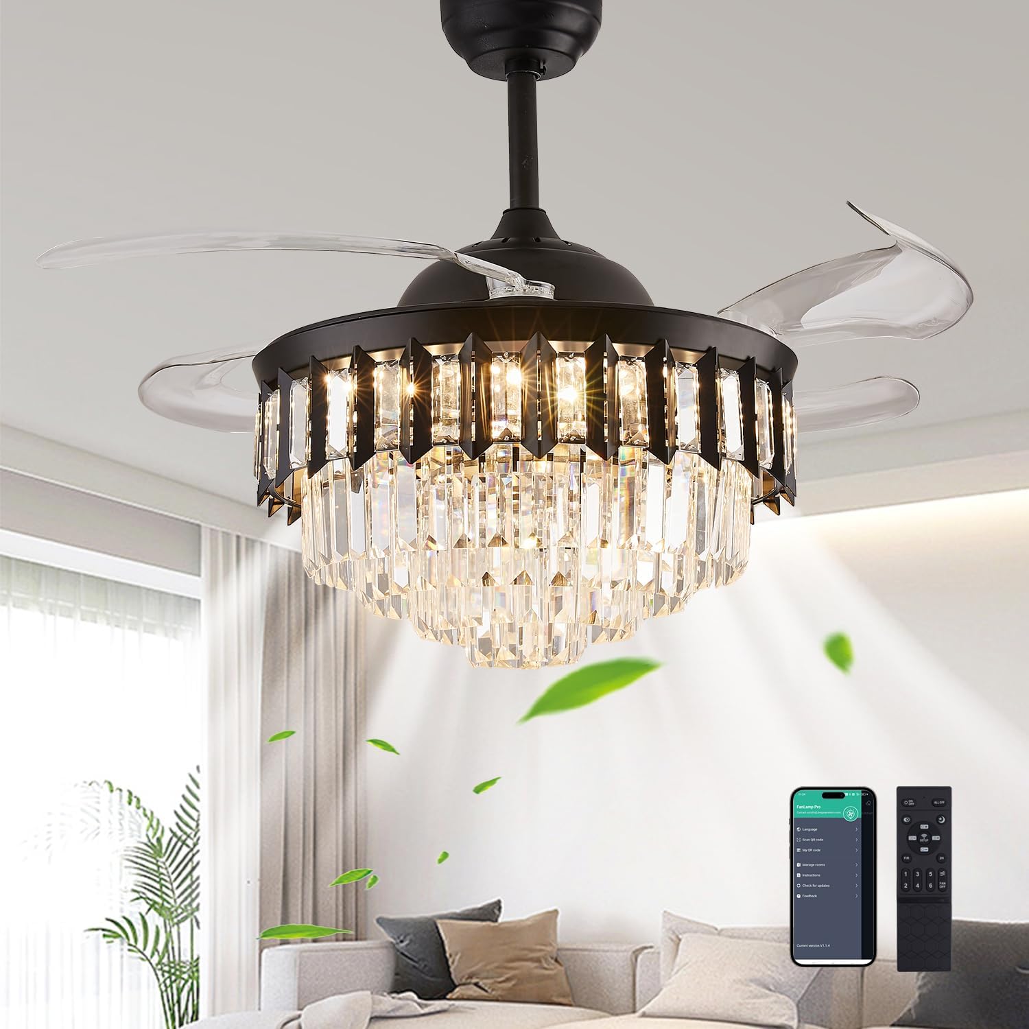 42' Dimmable Black Fandelier Ceiling Fans with Lights and Remote Modern Retractable Blade Crystal Chandelier Ceiling Fan with Lights for Bedroom Dinning Room Living Room