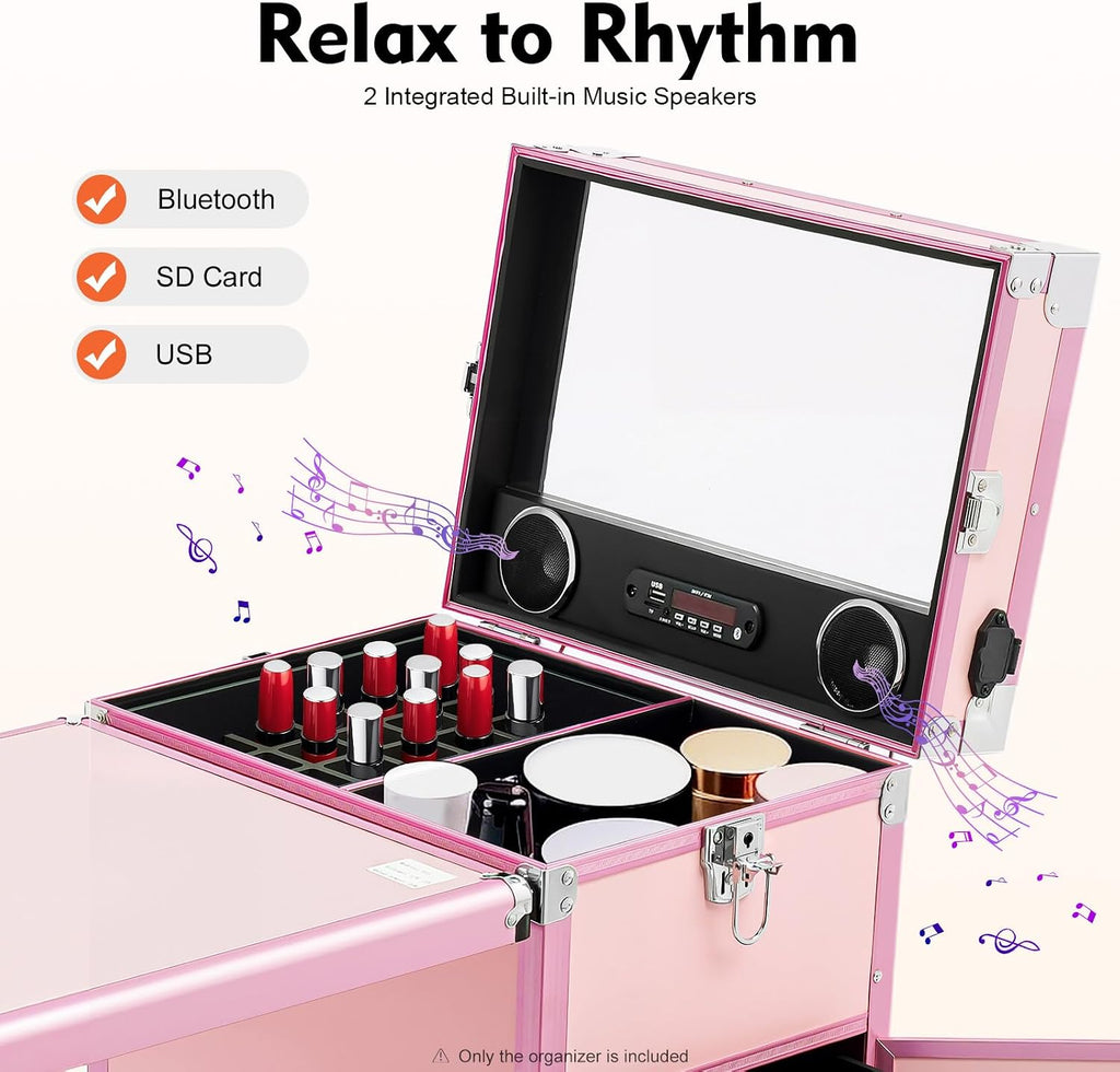 Rolling Manicure Table Train Case with 4 Universal Wheels,Professional Makeup Suitcase With Drawers & Unfold Table,2 Built-In Music Speakers,Travel Cosmetic Storage Train for Makeup Artist,Hairstylist